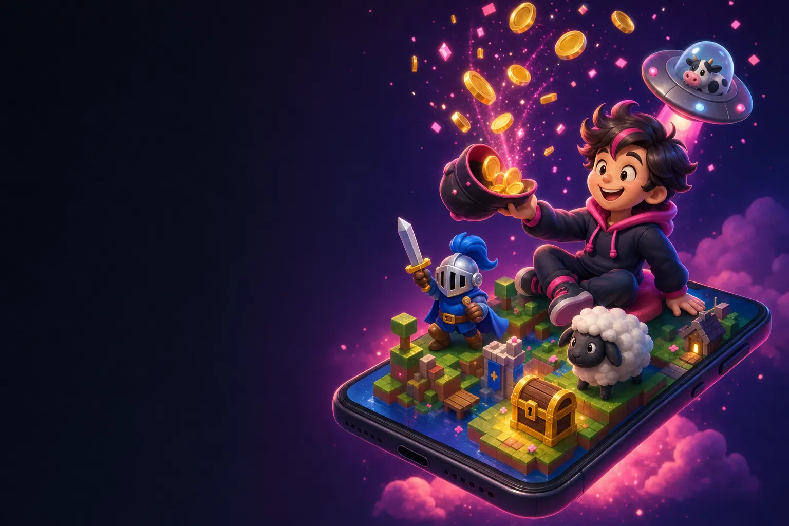 A game creator catching gold coins that pour out of a phone full of game characters